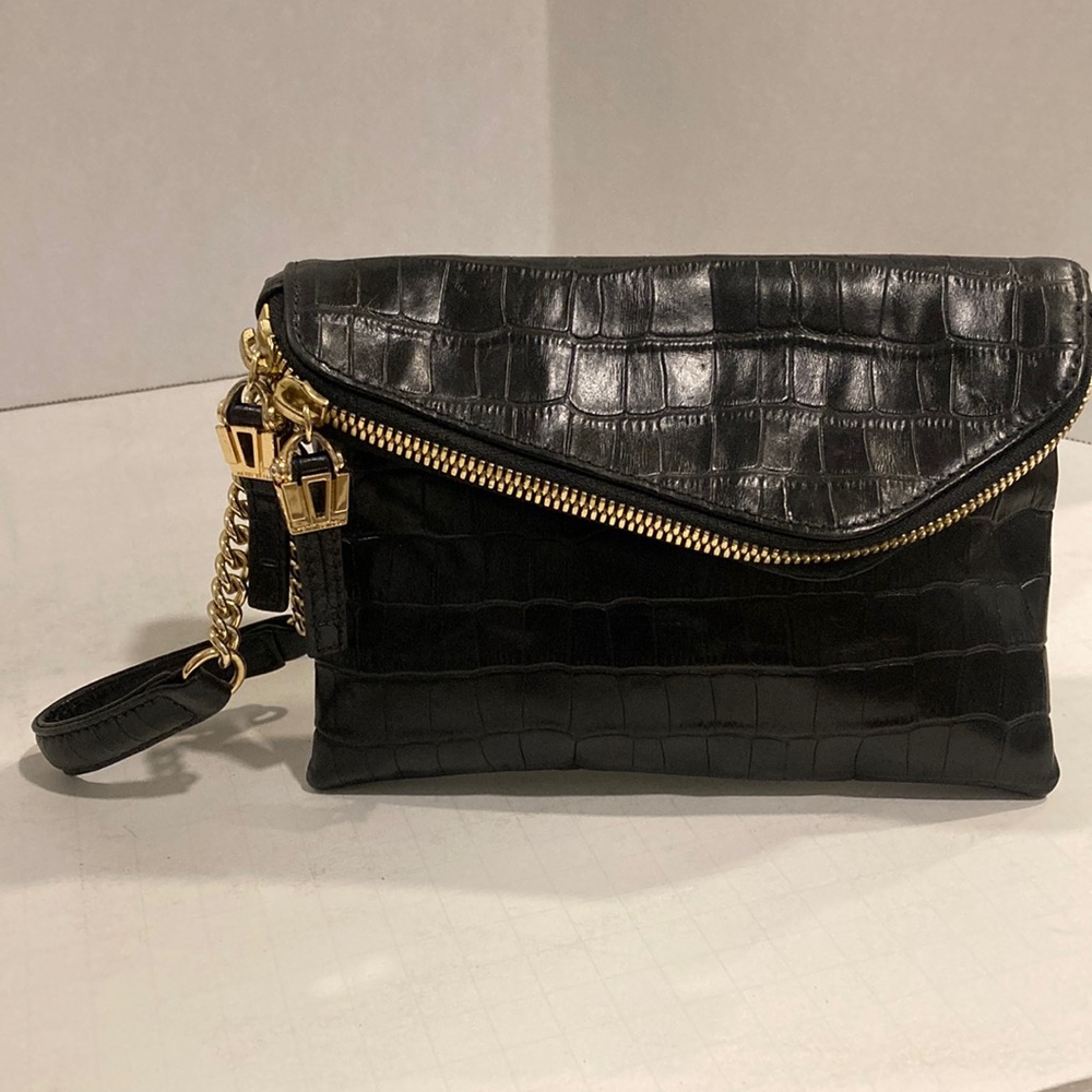 henri bendel Black Croc-Embossed Leather Wristlet Clutch with Gold Hardware